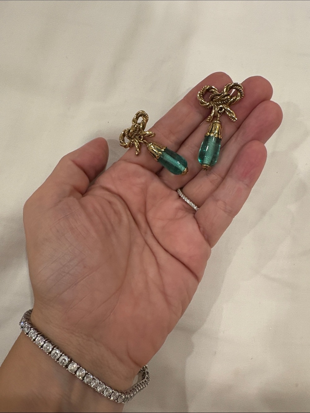 Gold Bow Drop Earrings with Teal Glass Beads - Women Jewelry